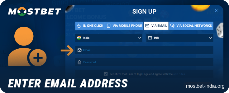 Enter your email address to register with Mostbet